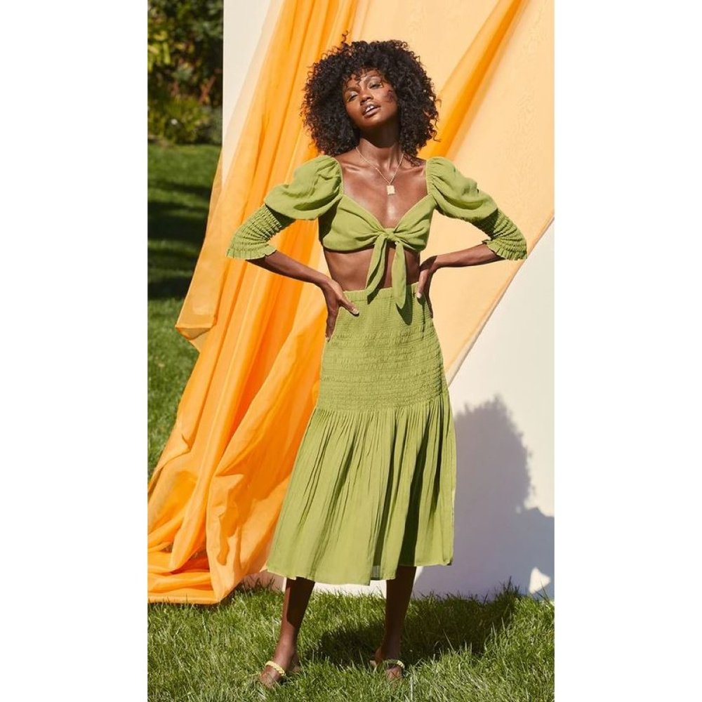 Lulus Out in the Sun Lime Green Midi Skirt & Puffed Sleeve Crop Top